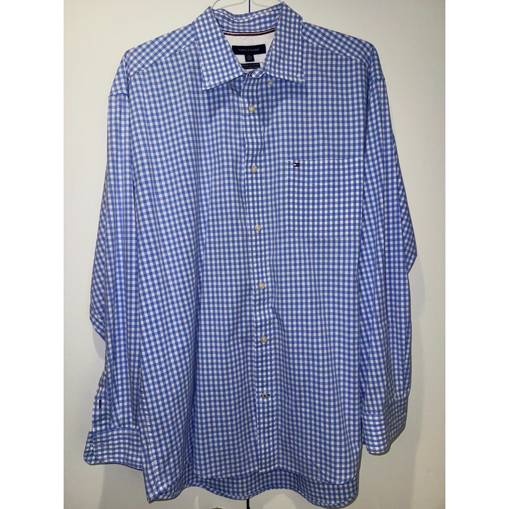 Tommy Hilfiger Classic Fit Stretch Men Blue White Gingham Dress Shirt XL Button